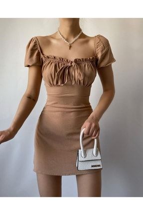 Bej Mini Göğüsden Büzgülü Elbise ONO-0088