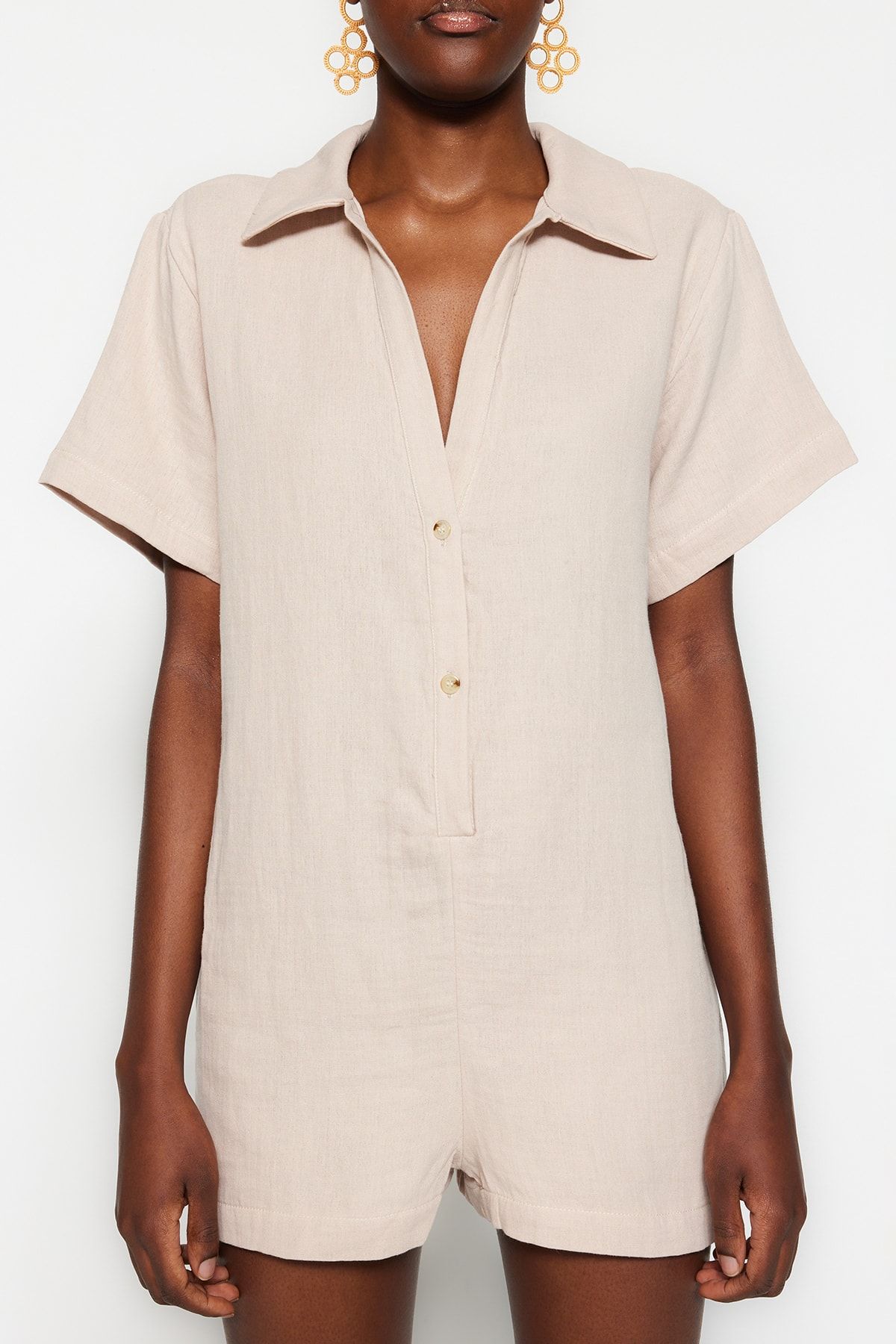 Trendyol Collection-Ολόσωμη φόρμα παραλίας Ecru Wide Fit Woven Muslin TBESS23TU00001 3