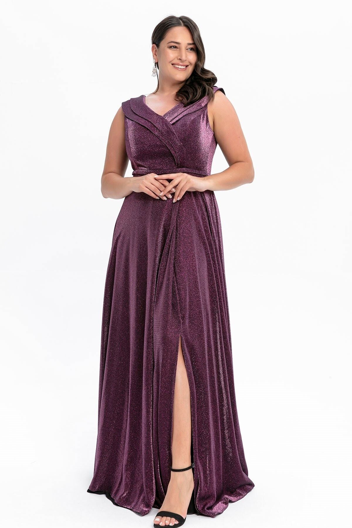 By Sayg V Neck Glittery Slit Flounce Plus Size Evening Dress Wide