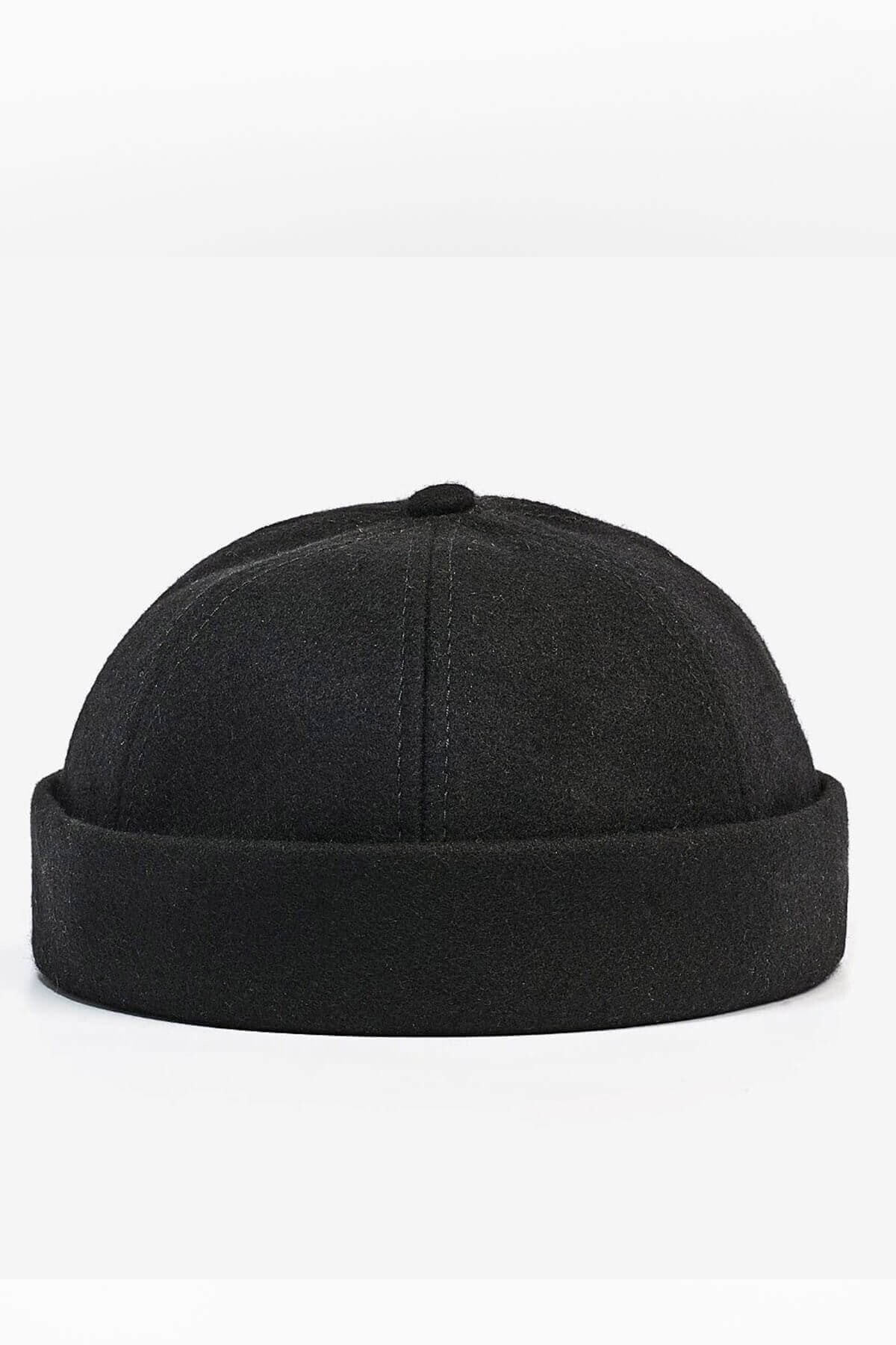 Külah Kadın Hipster Katlamalı Cap Docker Kışık Yün Şapka-siyah
