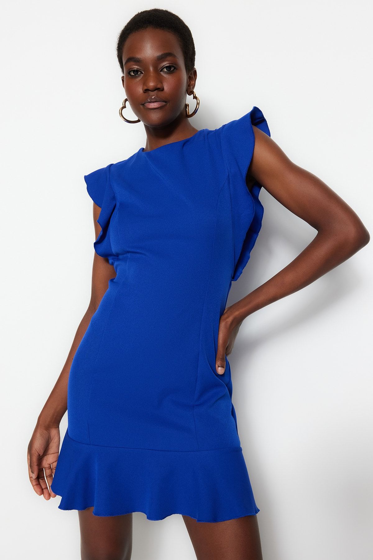 Calvin klein blue ruffle dress sales