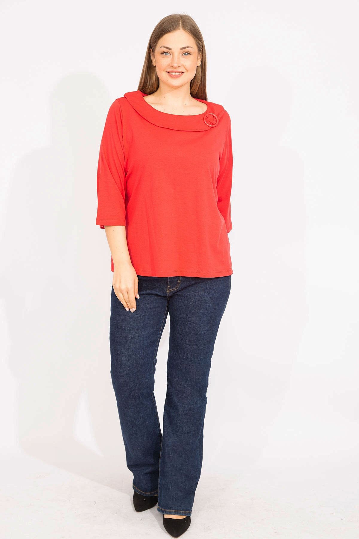 Şans-Women's Red Large Size Cotton Fabric Blouse with Ornamental Buckle Collar 65n35573 6