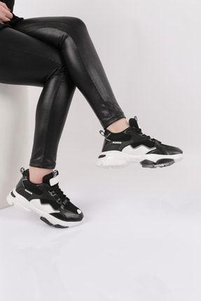 Siyah - Es714-22y Kadın Bağcıklı Fileli Kalın Taban Sneakers Ayakkabı ES714-2007