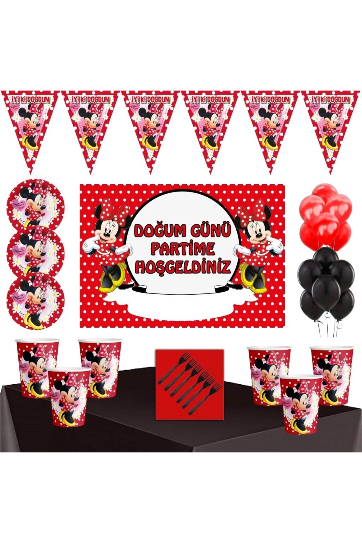 kullanatparti Minnie Mouse Parti Malzemeleri 16 Kişilik Afişli Ekonomik Süsler+minnie Mouse Doğum Günü Parti Süsle
