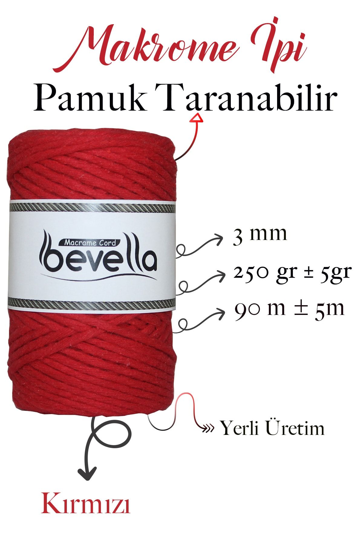 Taranan Makrome Ipi 3mm Taranabilir Pamuk Tek Büküm Makrome Ipi Kırmızı - 2