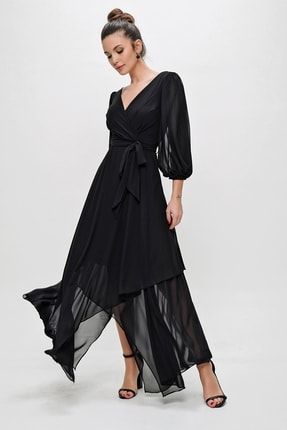 Kruvaze Balon Kollu Uzun Şifon Elbise Geniş Beden Aralığı Siyah S-21K0190018-Siyah