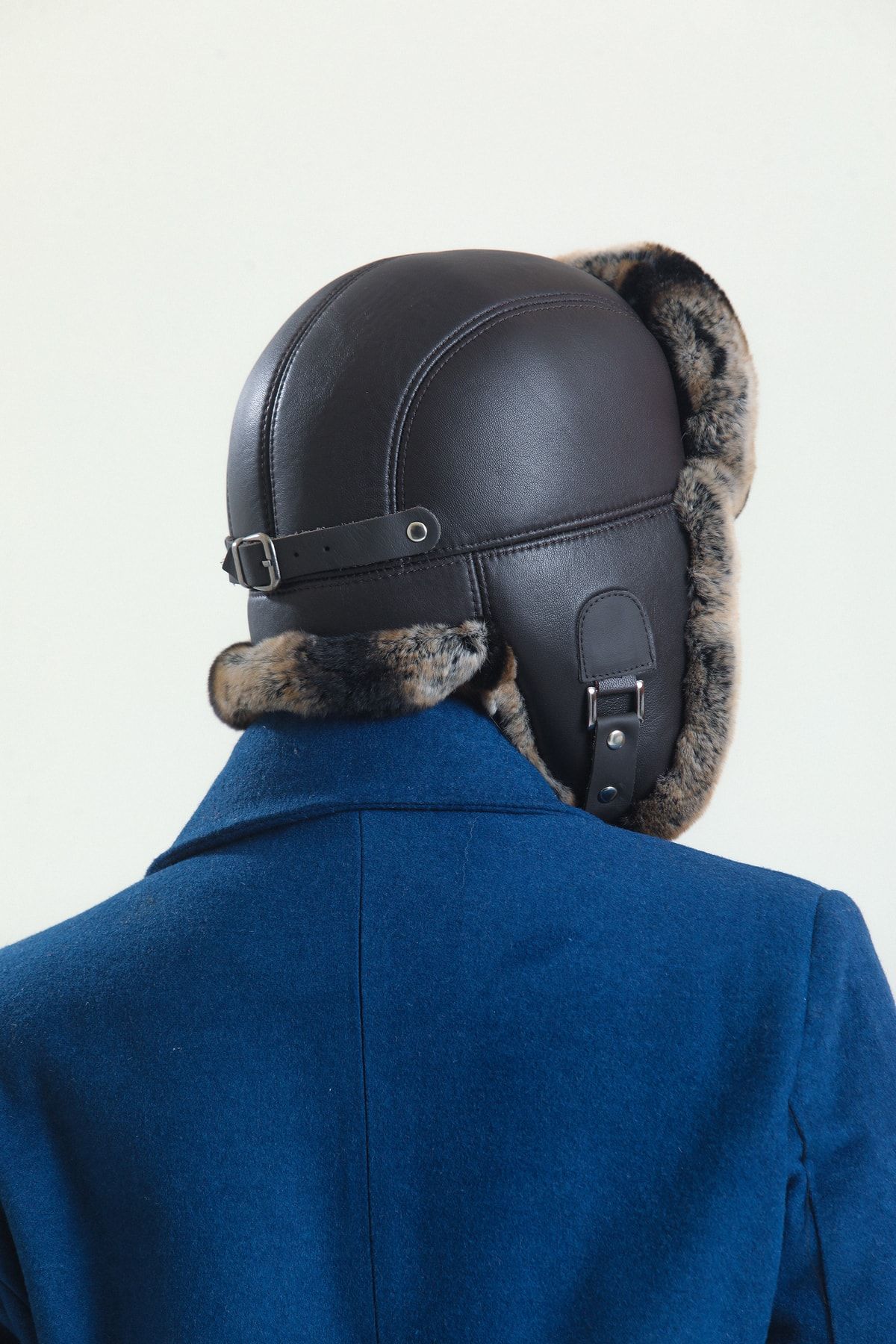 fubileather Yamtar Kahve Tavşan Kürklü Ushanka Pilot Deri Şapka FU9962