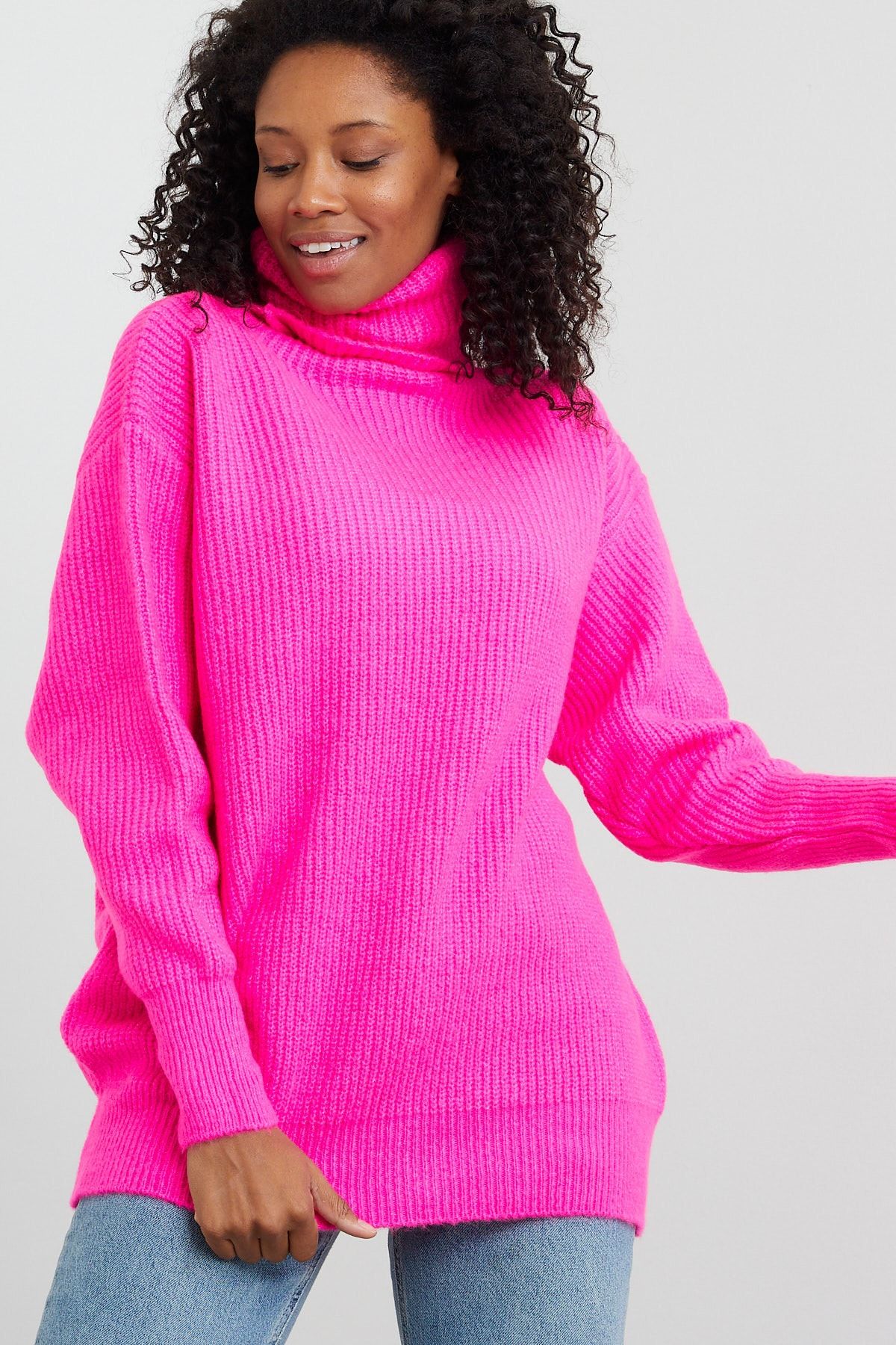 Hot pink oversized turtleneck sweater cheap