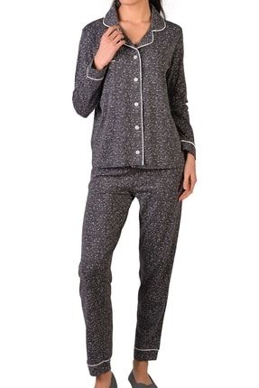 Antrasit Kadın Pijama Takımı Uzun Kollu Düğmeli Cepli Pamuk 96282