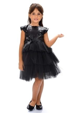 Kız Çocuk Siyah 2 Yaş Pullu Tüllü Parti Elbisesi 1055-PULLU
