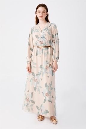 Yaprak Desen Kemerli Elbise - Bej 1Z6351K2351