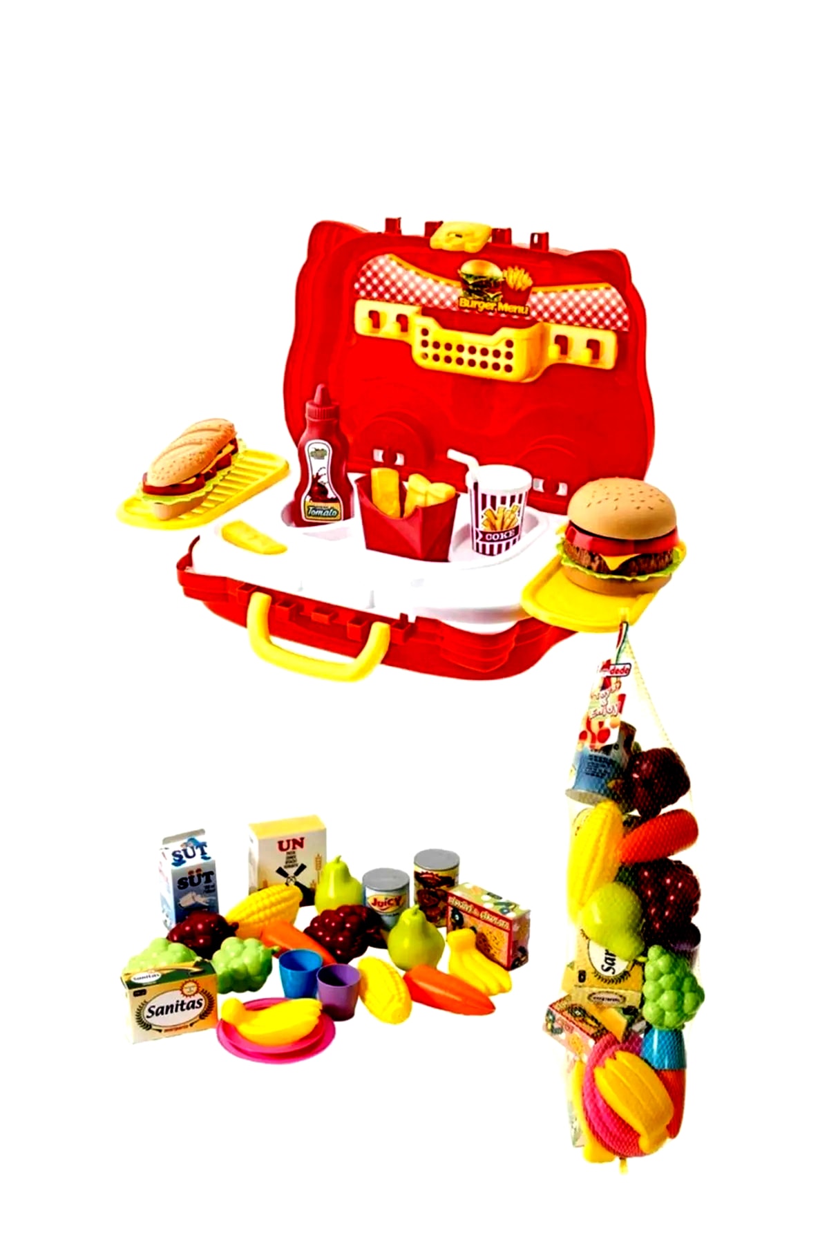 SAZE Özel Hambuger Valiz Tekerlekli Hamburger Oyun Seti+21 Parça Meyve Sebze Seti 2'li Paket Oyun Setleri OH10672