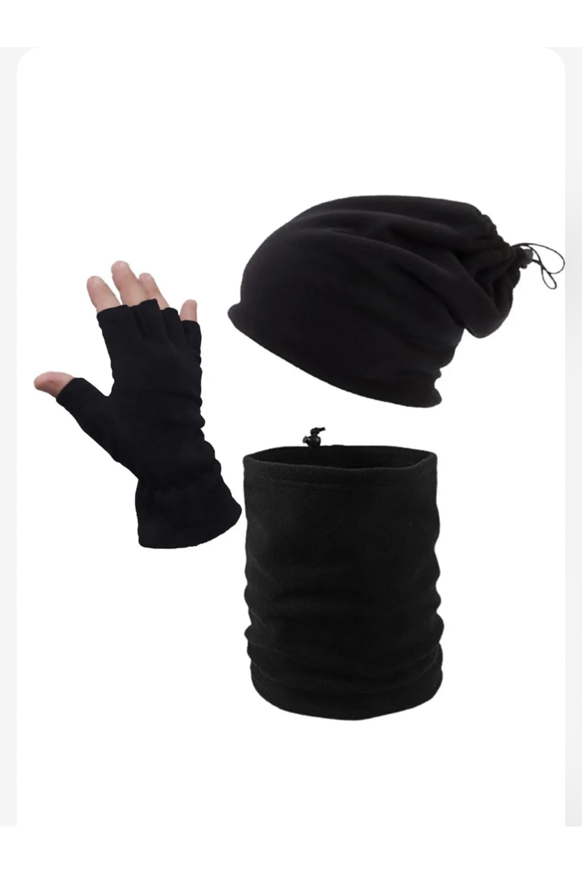 Atlas Siyah Termal Kışlık Kesik Parmak Polar Eldiven, Ipli Bere Polar Boyunluk, Eldiven 3'lü Set