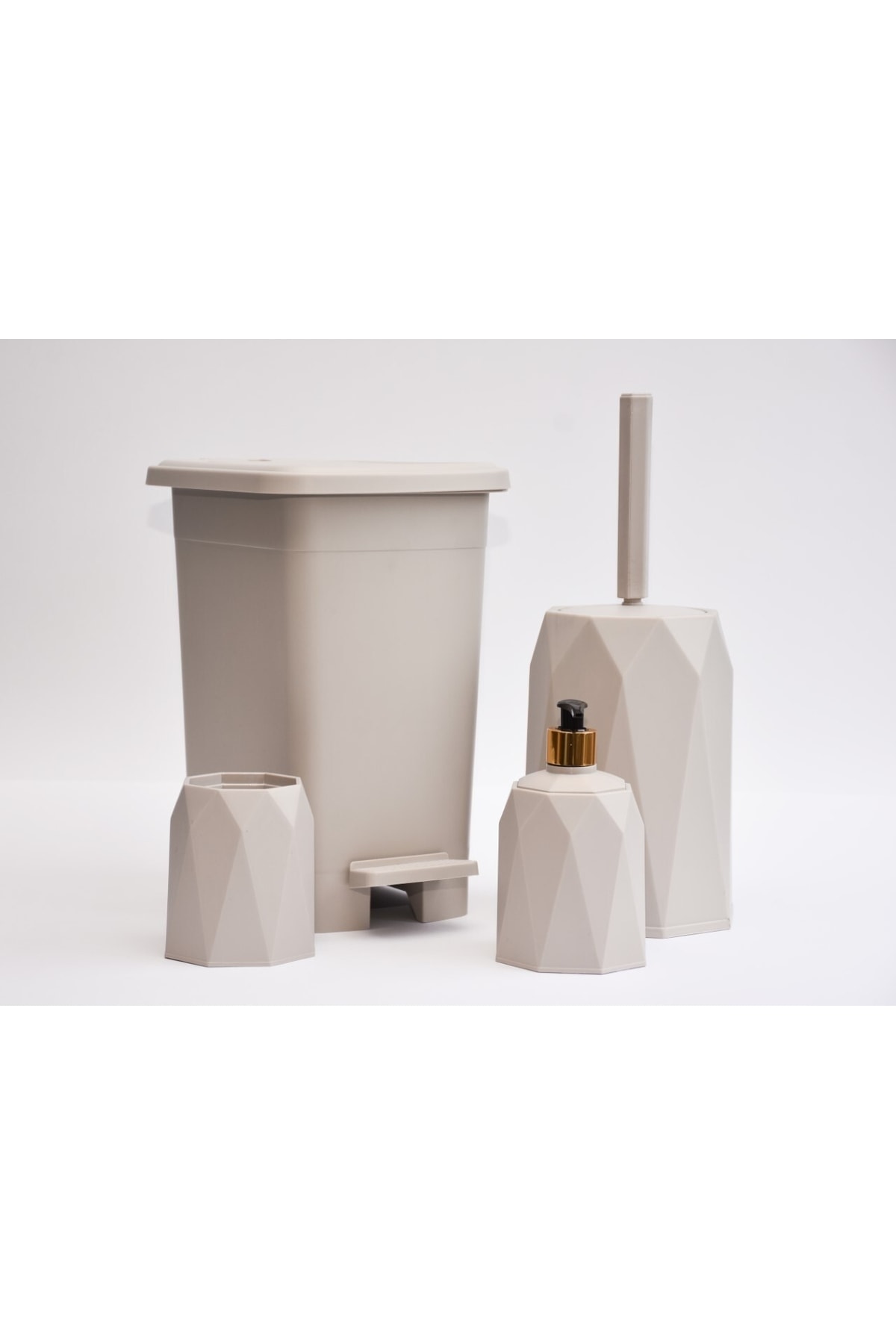 Aysha 4'lü Geo Banyo Seti 8lt Plastik Çöp Kovası Tuvalet Fırçası Lavabo Takimi