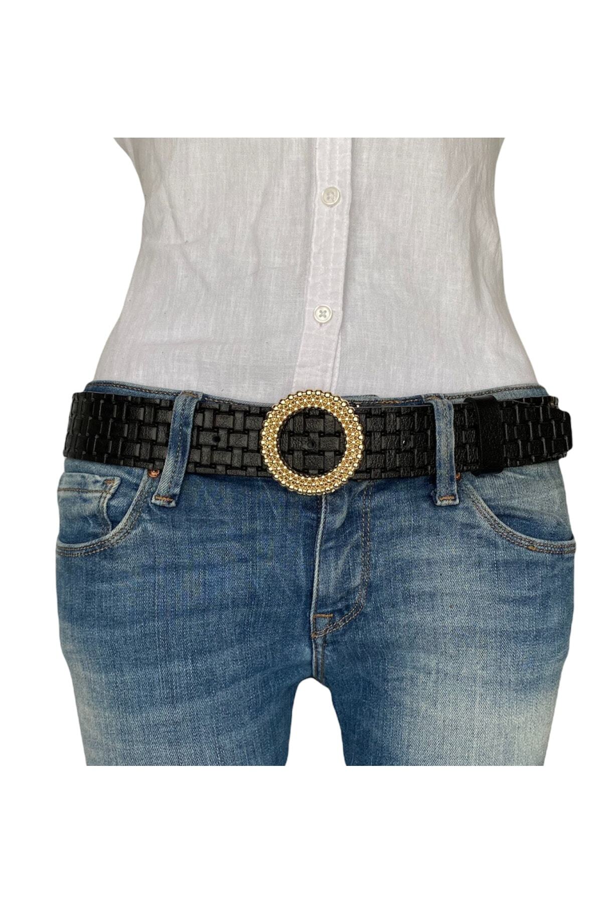 GoDeri-100% Genuine Leather, Black Patterned Women's Jeans with Gold Buckle, Sports Belt 4 Cm=an-byn-59 3