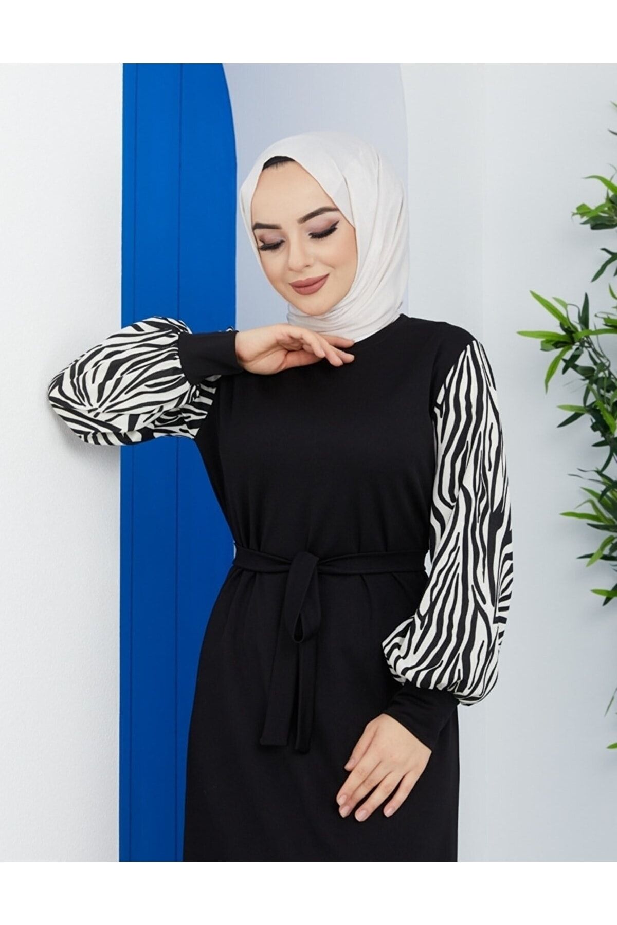 VOLT CLOTHİNG-Zebra Patterned Long Length Hijab Dress 3