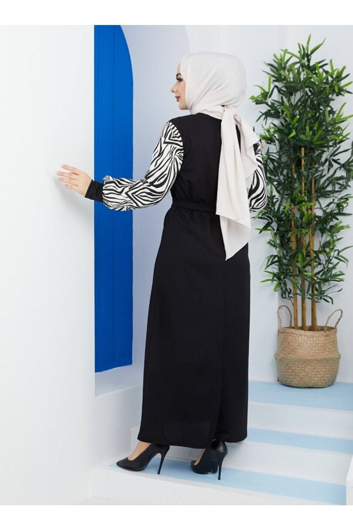 VOLT CLOTHİNG-Zebra Patterned Long Length Hijab Dress 4