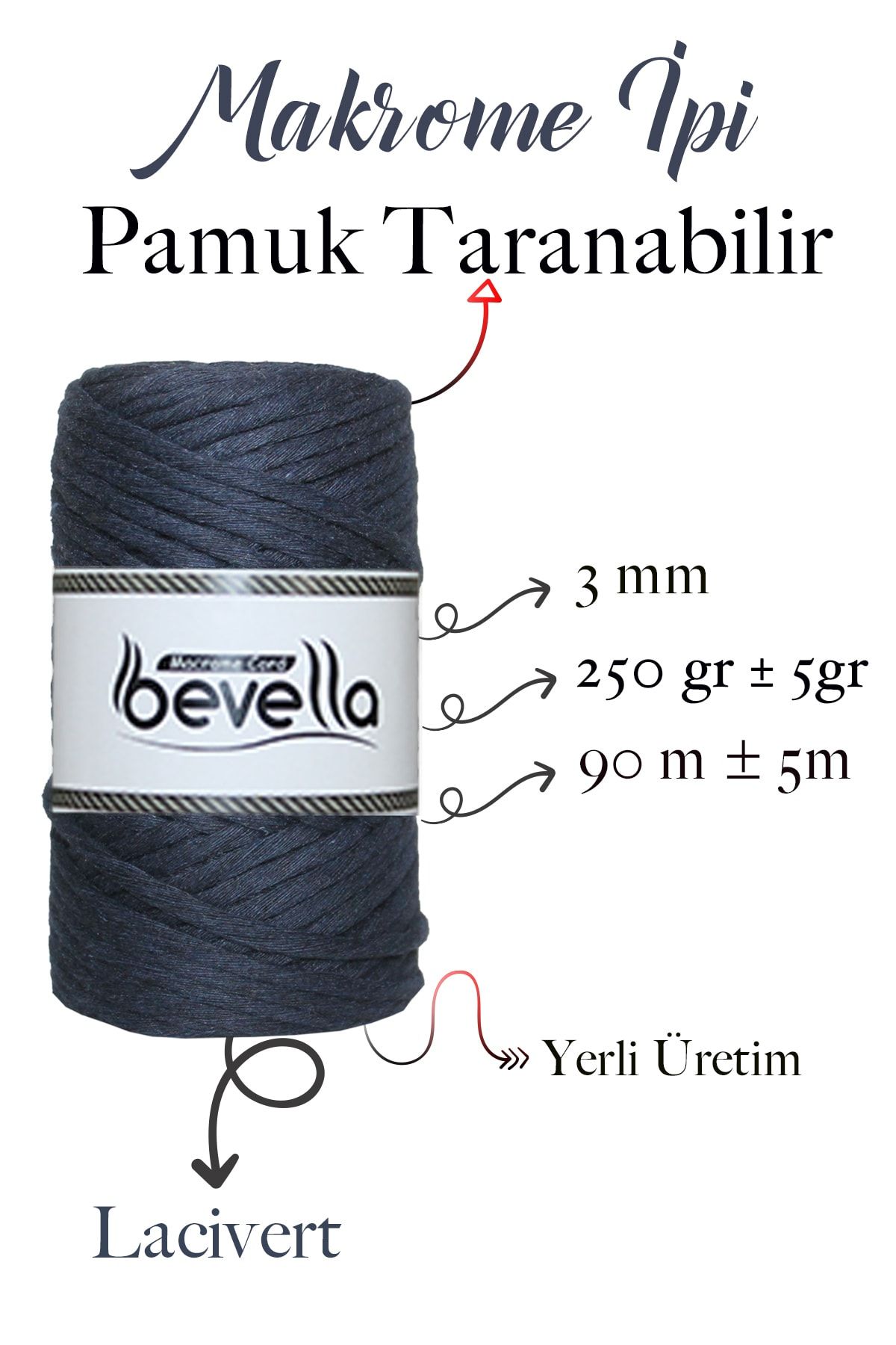 Bevella Macrame Cord-Пениран макраме конец 3 мм, памучен, с единичен макраме конец, тъмносин 2