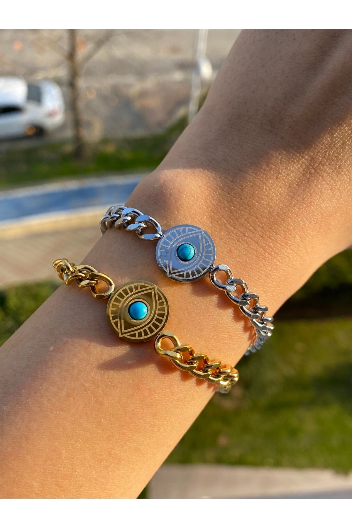 FS TAKI AKSESUAR Guaranteed Steel Natural Stone Evil Eye Chain