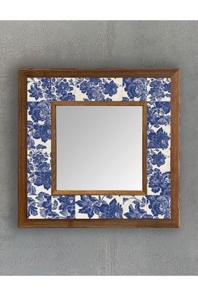 Masif Çerçeveli Mozaik Taş (mermer) Ayna 33x33 Cm Seramik Desenli Mavi Çiçek Tema AYN-100