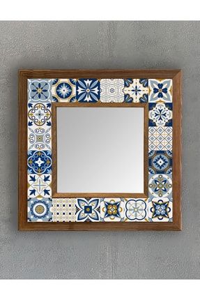 Masif (ahşap) Çerçeveli Mozaik Taş Ayna 33x33 Cm Mavi Sarı Makyaj Aynası AYN-089