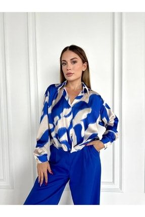 STEPS Önü Düğümlü Arkası Uzun Desenli Saten Bluz