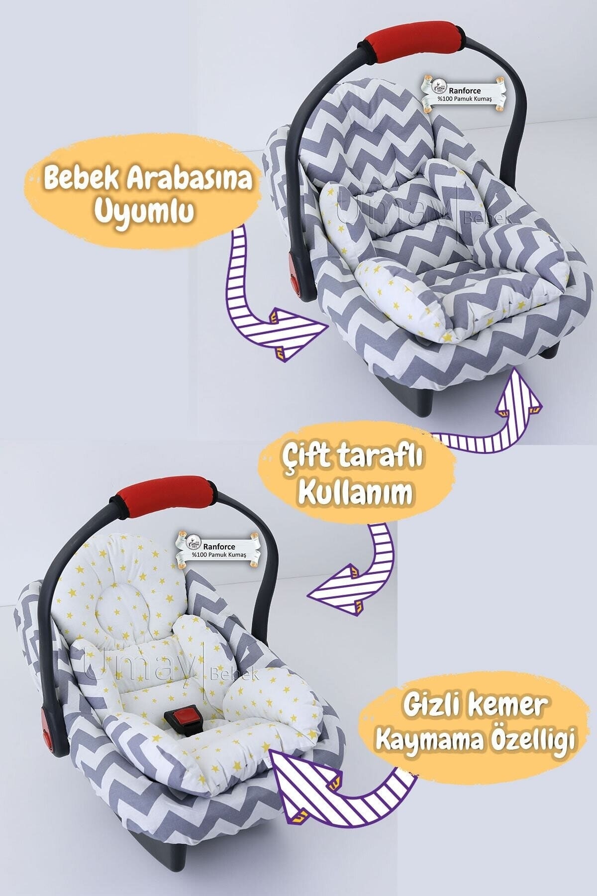 Umaybebek 4 Parça - Puset Örtüsü, Bel Destekli Bebek Arabası Minderi, Puset Minderi, Puset Çarşafı - Tutmalı fotoğrafı 3 (önizleme)