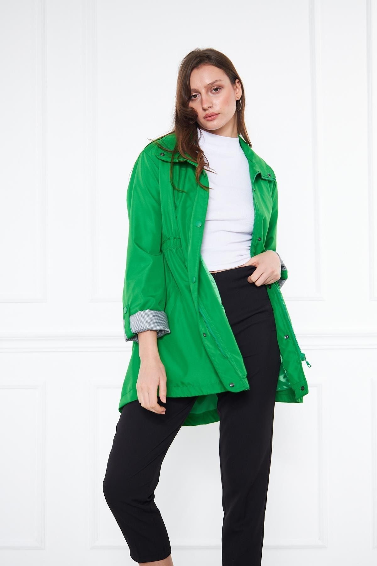 comstar Women s Short Plain Patterned Trench Coat with Gathered