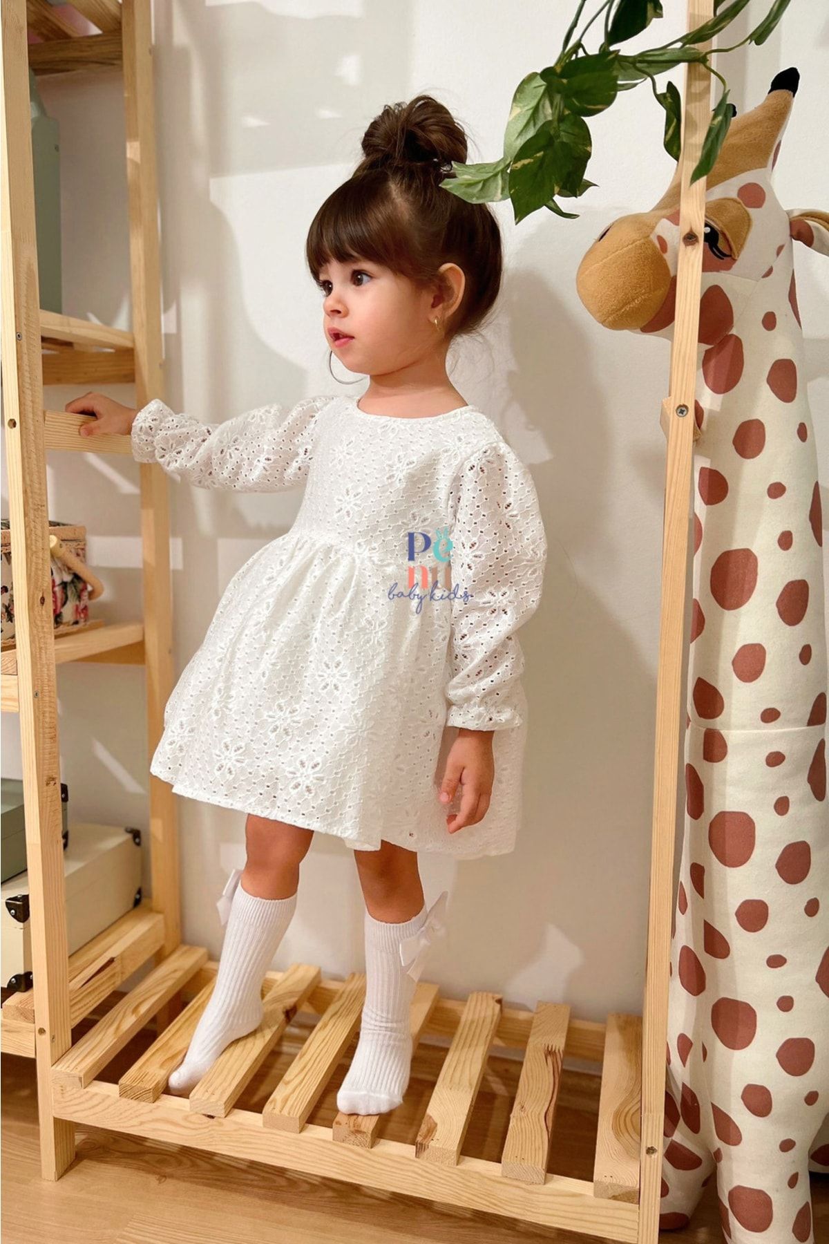 Beyaz Fisto Uzun Kol Kız Bebek Elbise - Diana