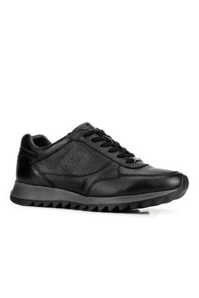 Hakiki Deri Siyah Bağcıklı Sneaker Kauçuk Tabanlı Erkek Spor Ayakkabı 115214