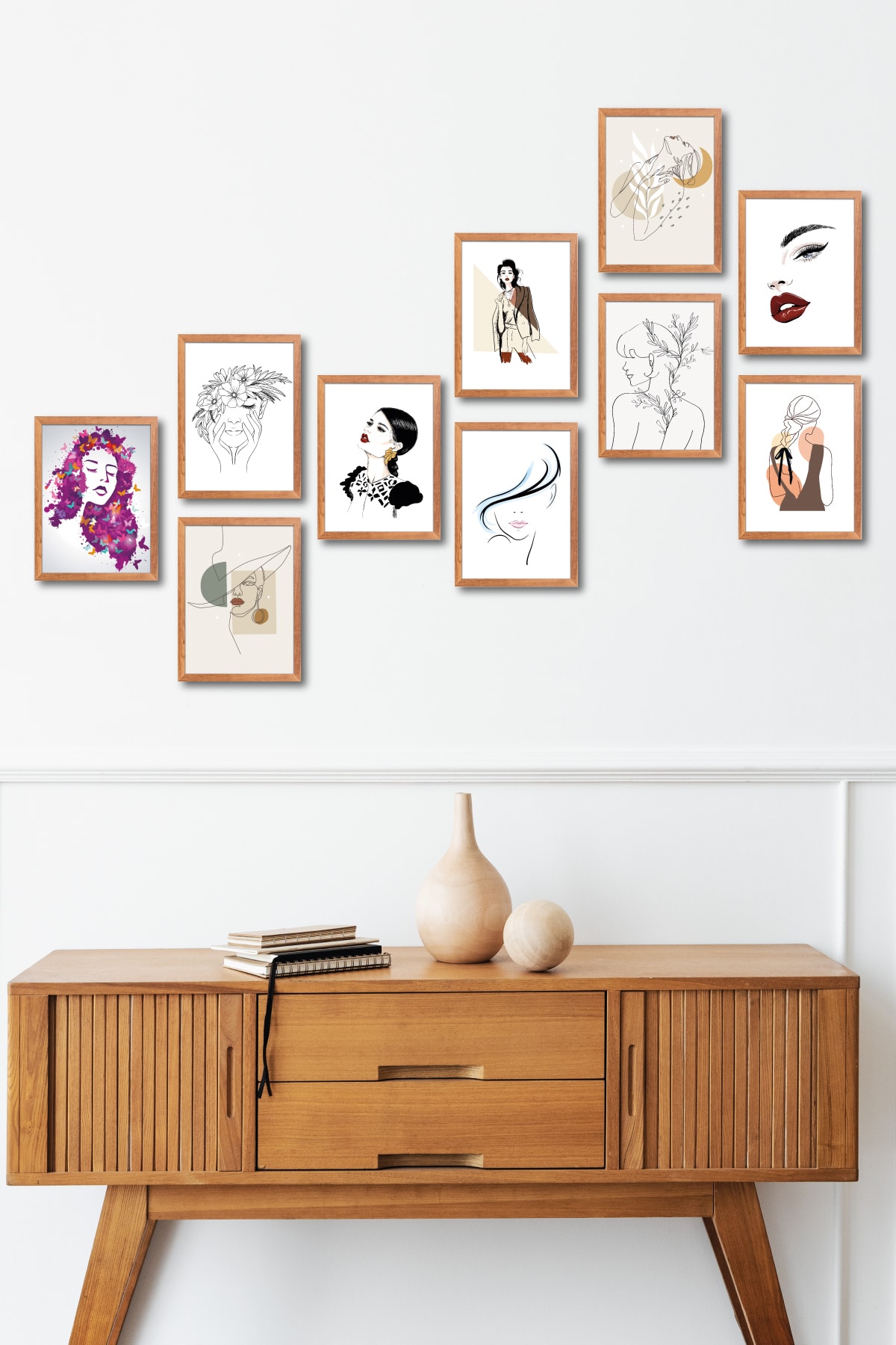 FourArts Minimalist Women Design Çerçeve Görünümlü 13,5x18 Cm 10'lu Ahşap Tablo Seti