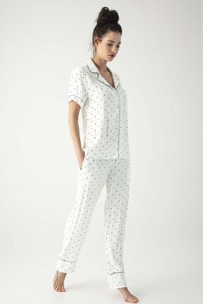 19130 Kadın Beyaz Gömlek Yaka Kısa Kol Puanlı Önden Düğmeli Pijama Takım MONAMİSE-19130