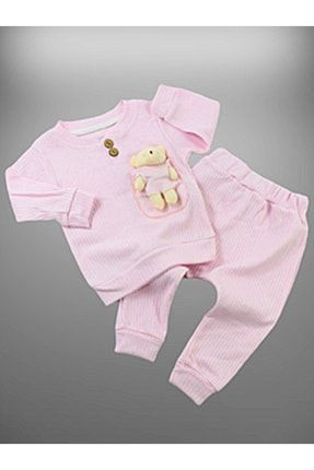 9/24 Ay Kız Bebek Giyim Modelleri Ayılı Cepli 2 Li Penye Fitilli Kız Çocuk Elbise Takım Pnye2li