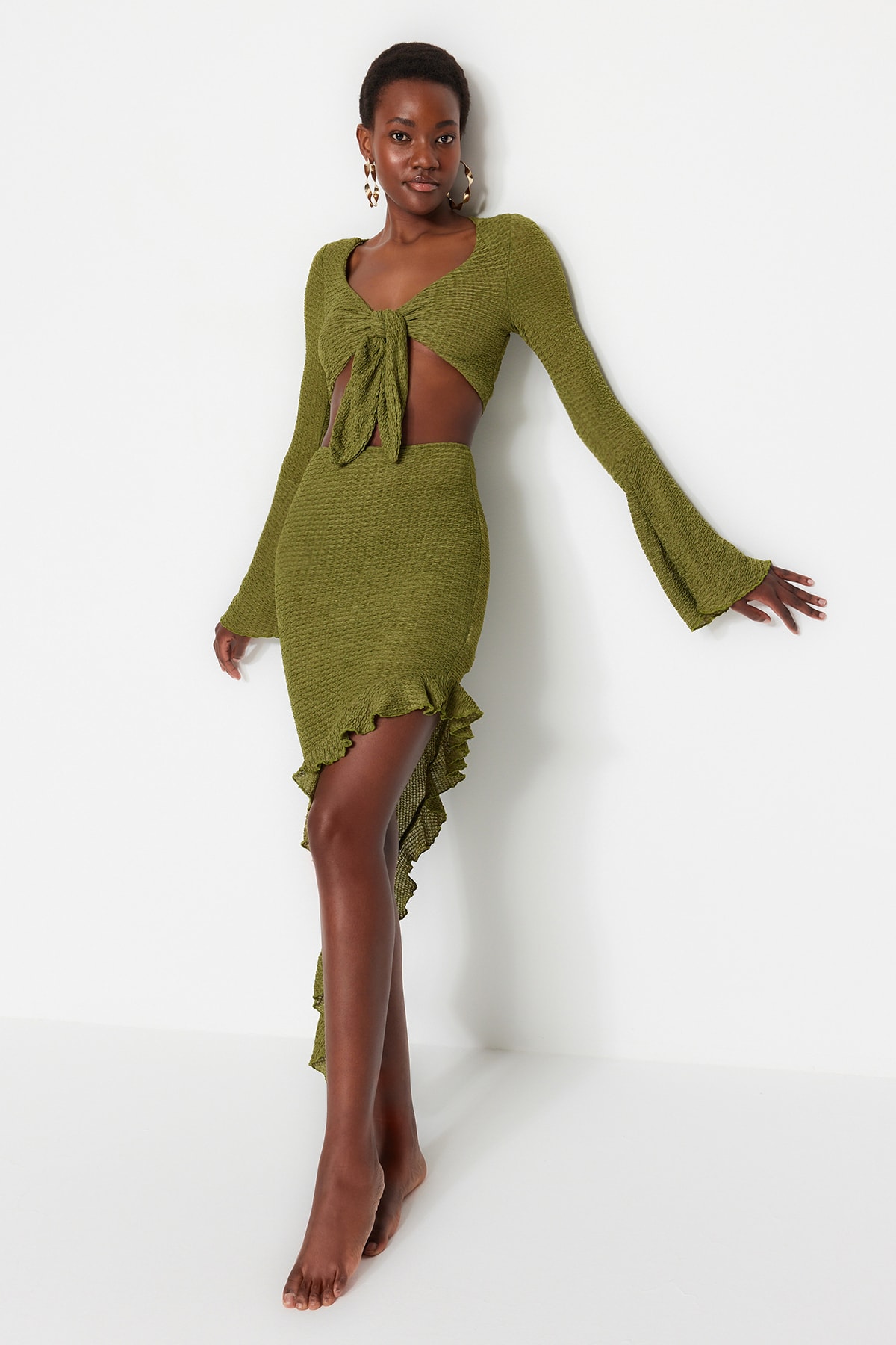 Trendyol Collection Strój plażowy Zielona tkana bluzka z falbanami i spódnica...