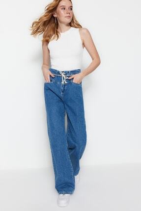 TRENDYOLMİLLA Koyu Mavi Bağlama Detaylı Yüksek Bel Wide Leg Jeans TWOSS23JE00134