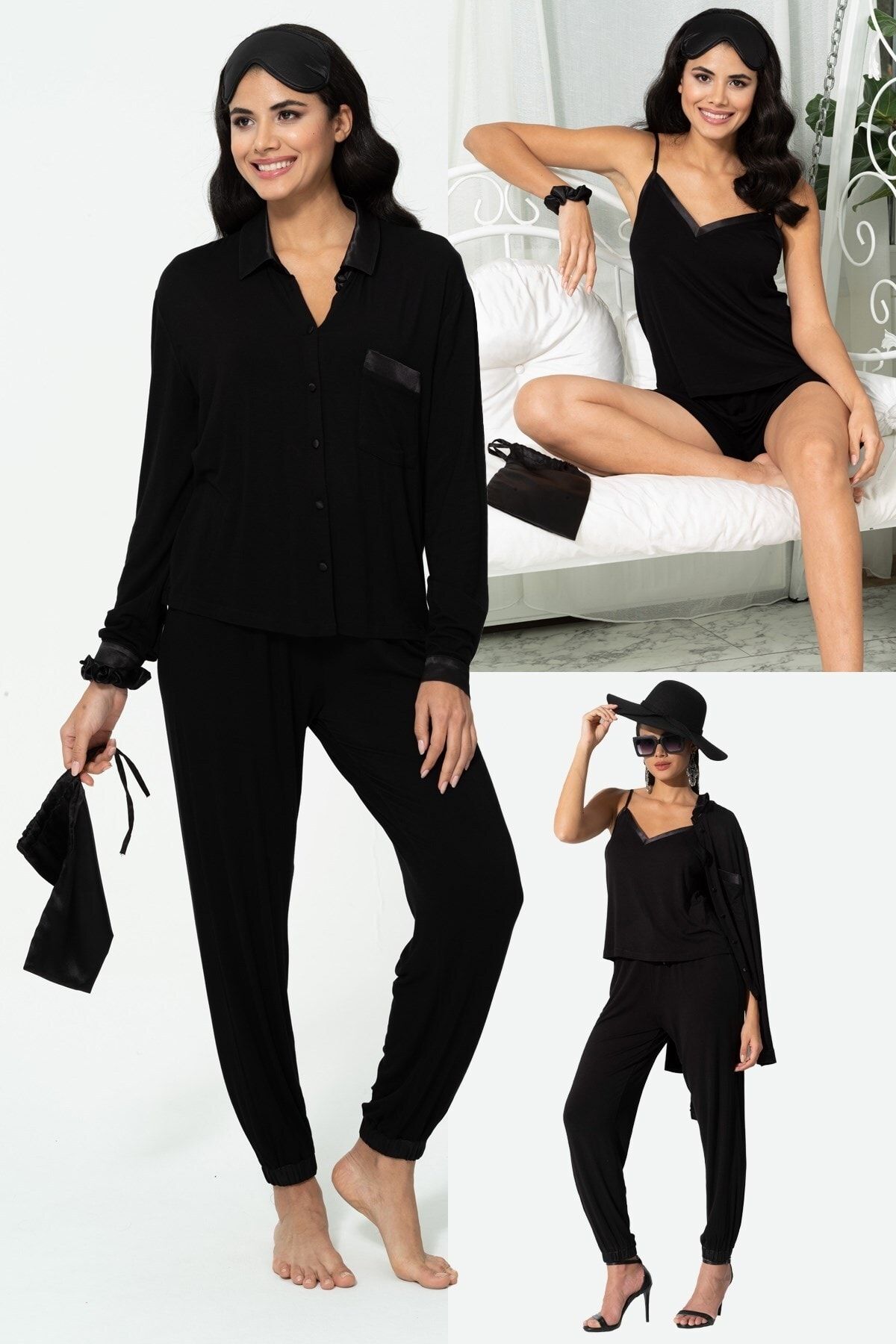 For You İn Out For You In&out 7 Li Saten Detaylı Penye Siyah Pijama Takım