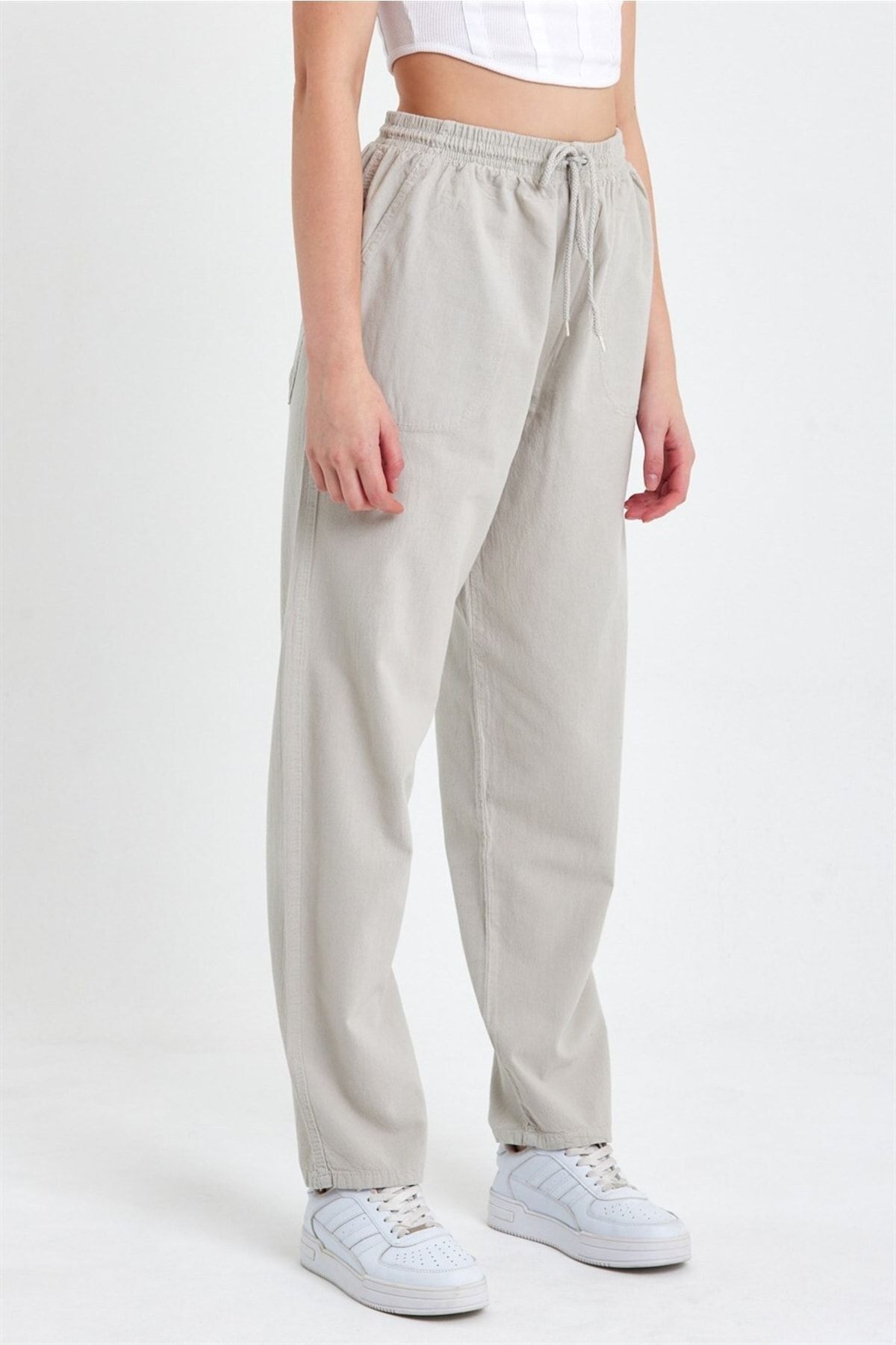 Grey Linen Look High Waist Wide Leg Pants