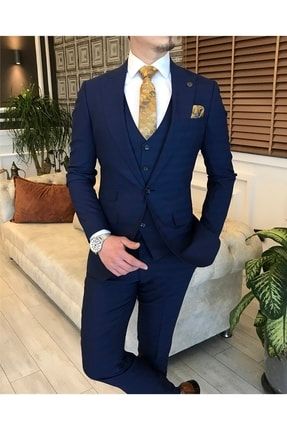 Erkek Lacivert Italyan Stil Ceket Yelek Pantolon Takım Elbise T5580