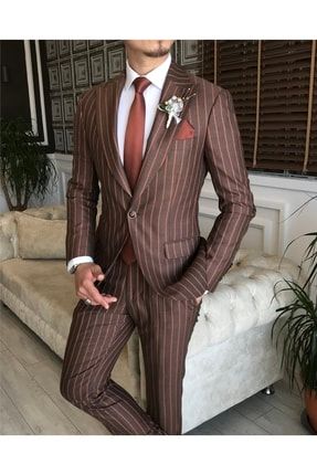 Italyan Stil Slim Fit Erkek Ceket Pantolon Takım Elbise Kiremit T6091