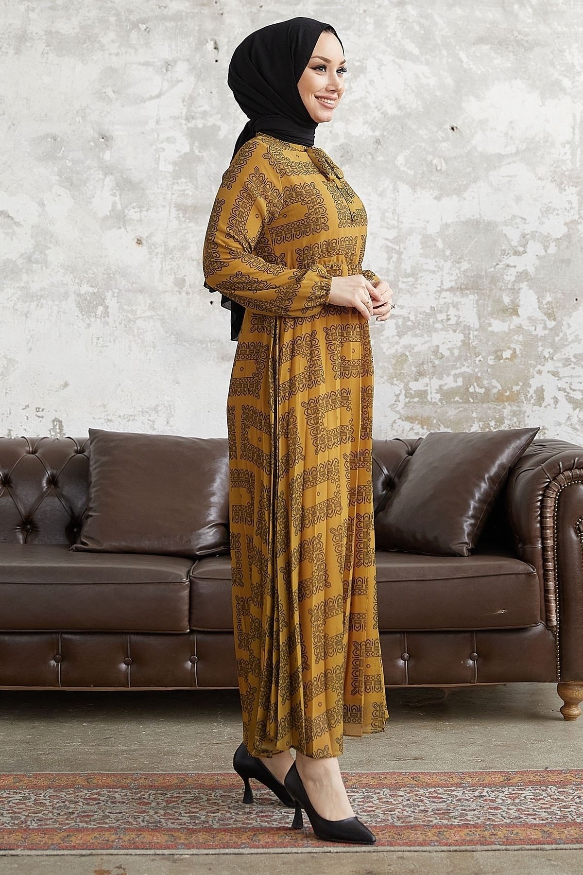 InStyle-Luiza Tie Collar Chiffon Dress - Mustard 4