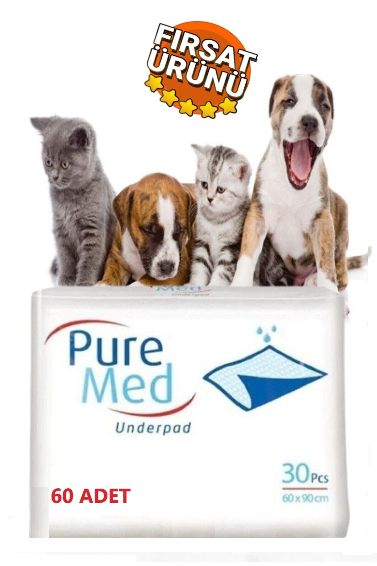 Puremed 60x90 Kedi Köpek Çiş Pedi 60 Adet Süper Emici Hasta Yatak Koruyucu Tuvalet Pedi Serme