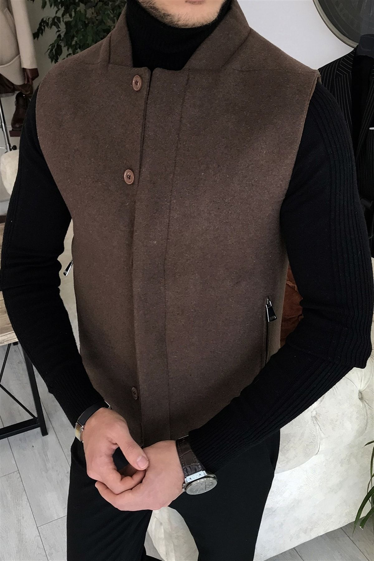 Italyan Stil Slim Fit Yün Karışımlı Hakim Yaka Cepken Yelek Kahverengi T8338