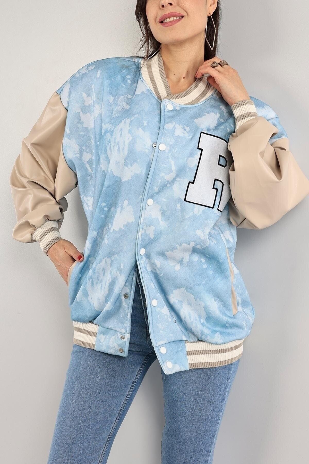 R Batik Mavi Kolları Deri Oversize Unisex Kolej Ceket