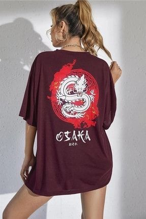 Bordo Osaka Dragon Japonca Baskılı Oversize Salaş Kadın T-shirt - K2103