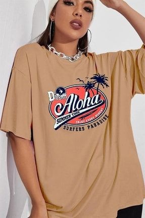 Camel Oversize Aloha Baskılı Kadın T-shirt - K2112