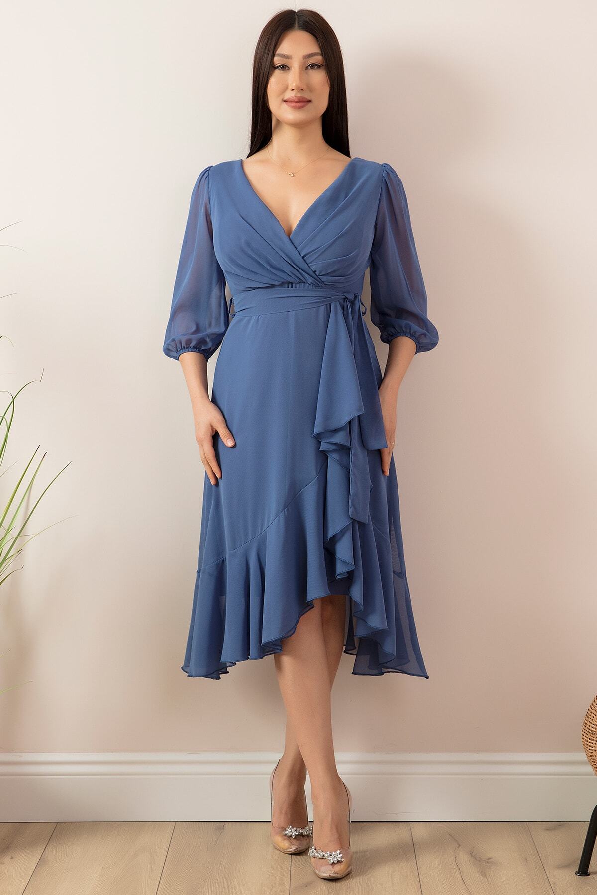 PULLIMM-13372 Double Breasted Collar Fakir Sleeve Skirt Valon Dress 3