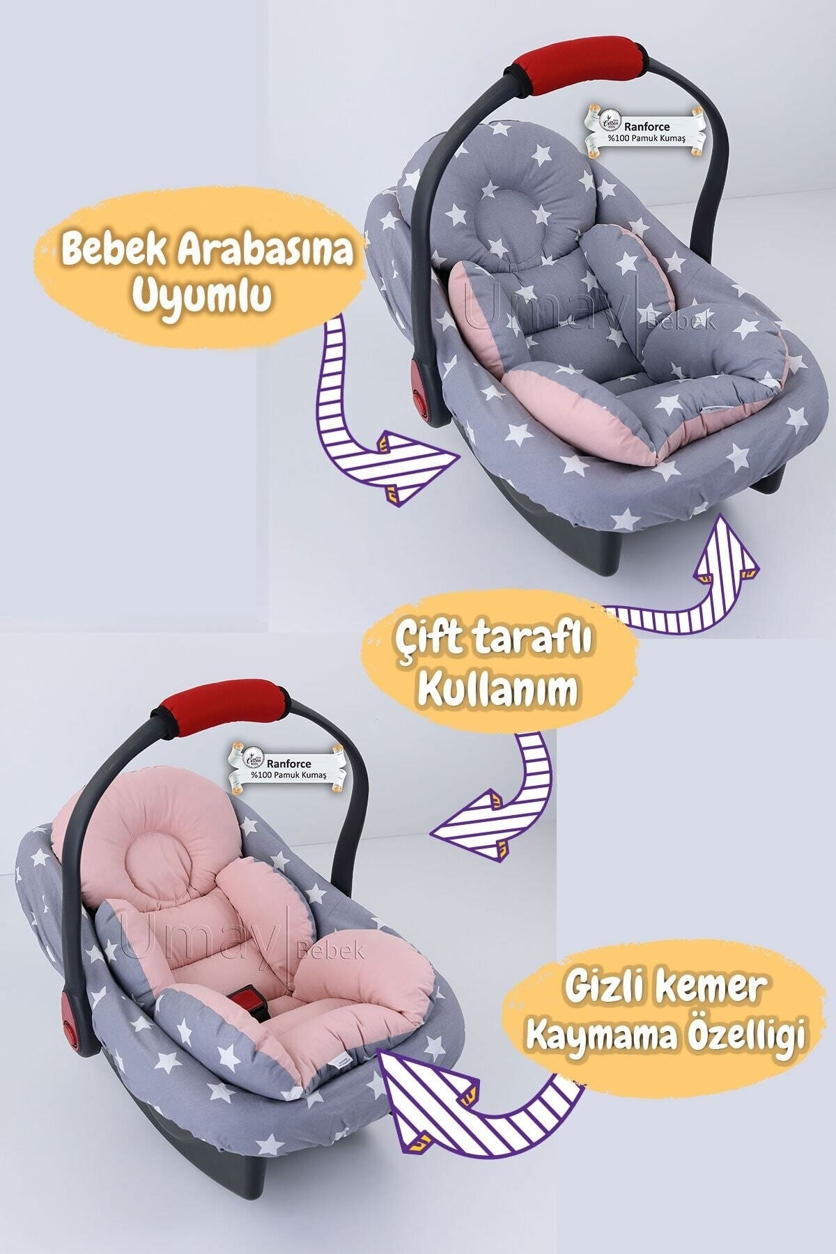 Umaybebek 4 Parça - Puset Örtüsü, Bel Destekli Bebek Arabası Minderi, Puset Minderi, Puset Çarşafı - Tutmalı fotoğrafı 3 (önizleme)