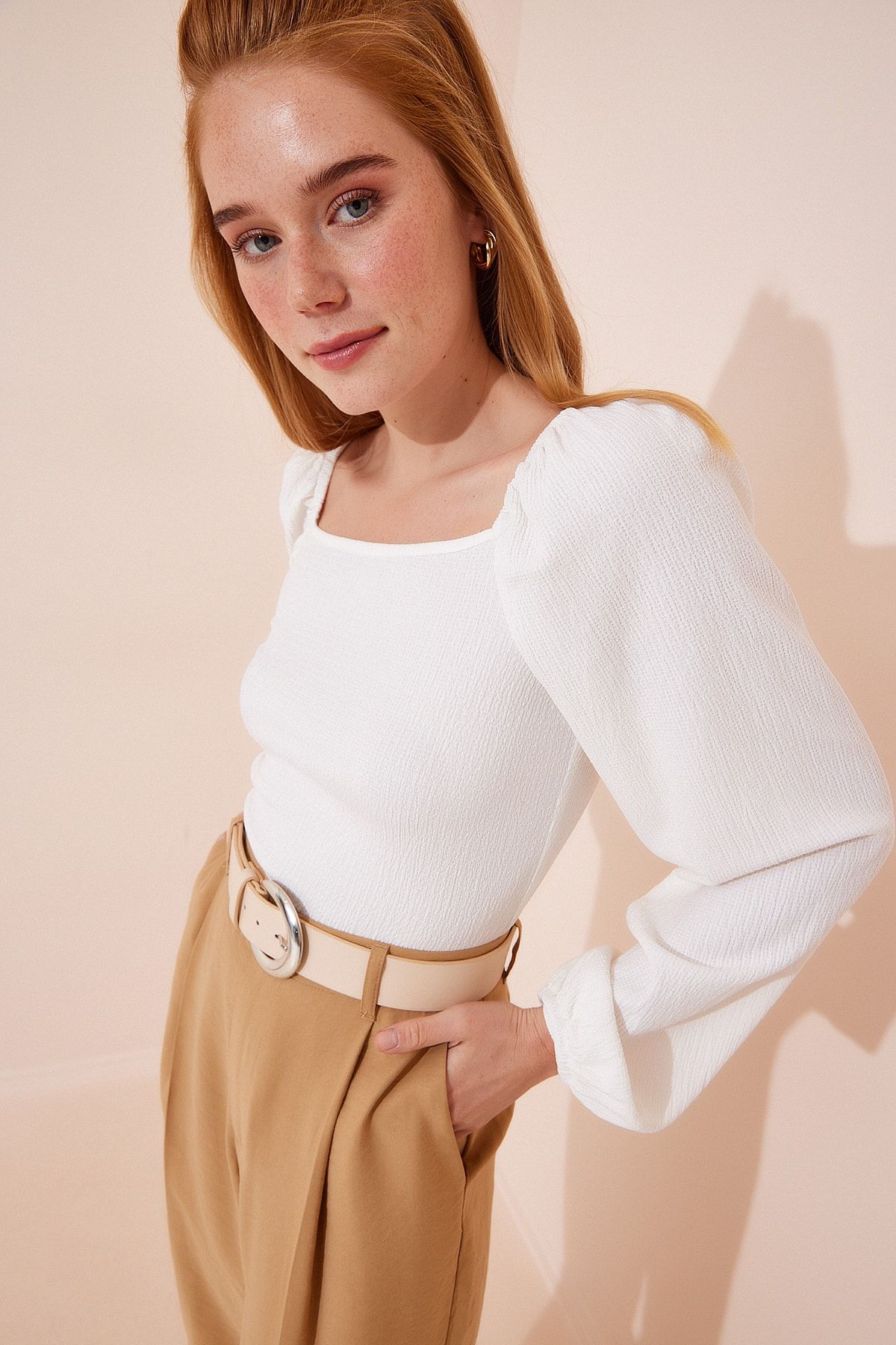 Happiness İstanbul Bluse Ecru Figurbetont Fast ausverkauft