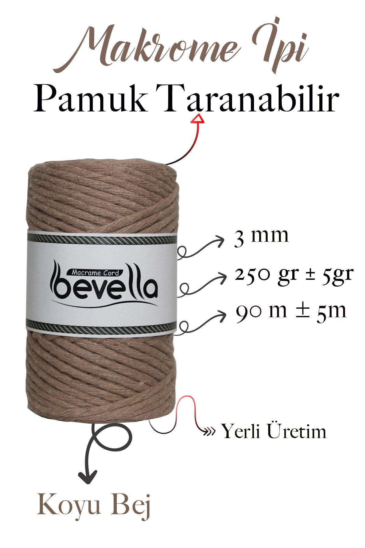 Bevella Macrame Cord-Scanned Macrame Floss 3mm Επαναγράψιμο Βαμβακερό Μονό Twist Macrame Floss Σκούρο Μπεζ 2