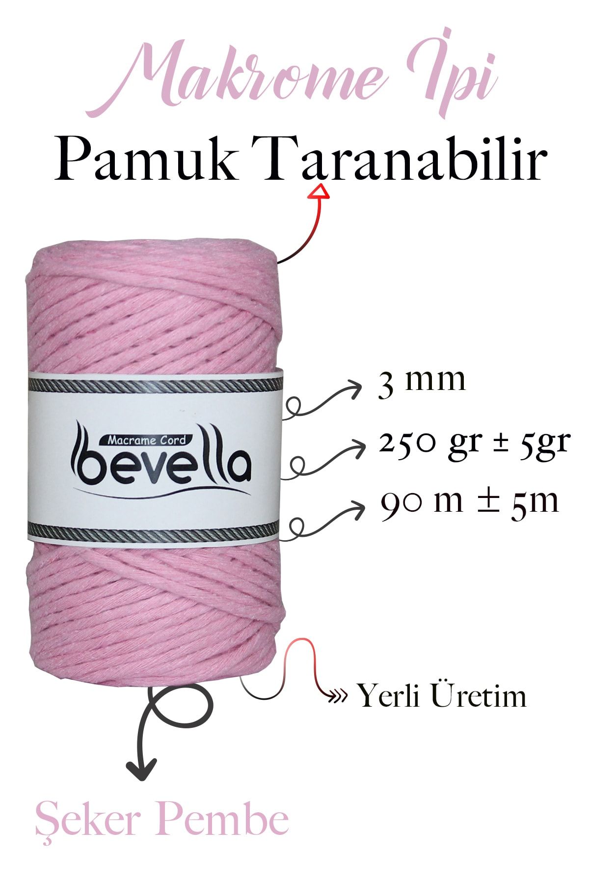 Bevella Macrame Cord-Scalloped Macrame Thread 3mm Single Twist Scalloped Cotton Macrame Thread Candy Pink 2